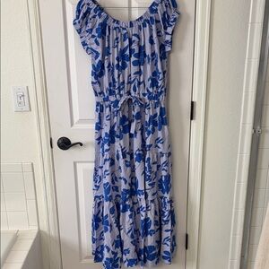 Off-Shoulder Blue Floral Maxi Dress - Blue